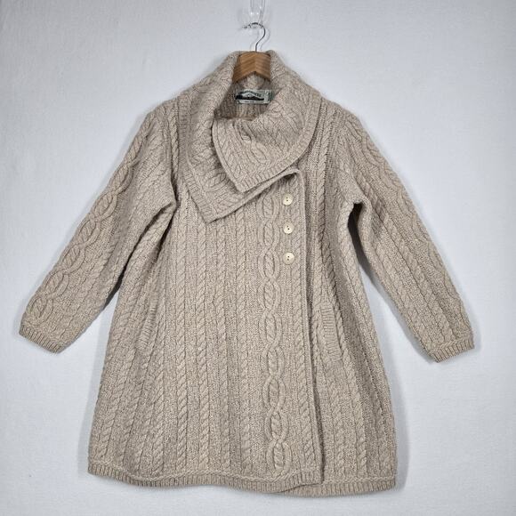 Aran Crafts 100% Merino Wool Cable Knit Cardigan L Beige Oatmeal Shawl Collar - Picture 14 of 16
